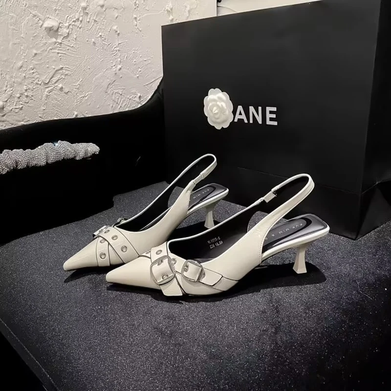 Aphixta New Summer Buckle Revits Stiletto Heels Pointed Toe Sandals Women Sandals Back Strap Pointed Toe Shoes Big Size 42
