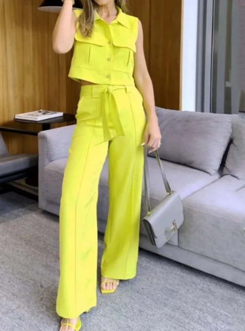 Spot Female 2023 New Hot Spring Office Polo Sleeveless Top Fashion Loose Wide Leg Pants Set