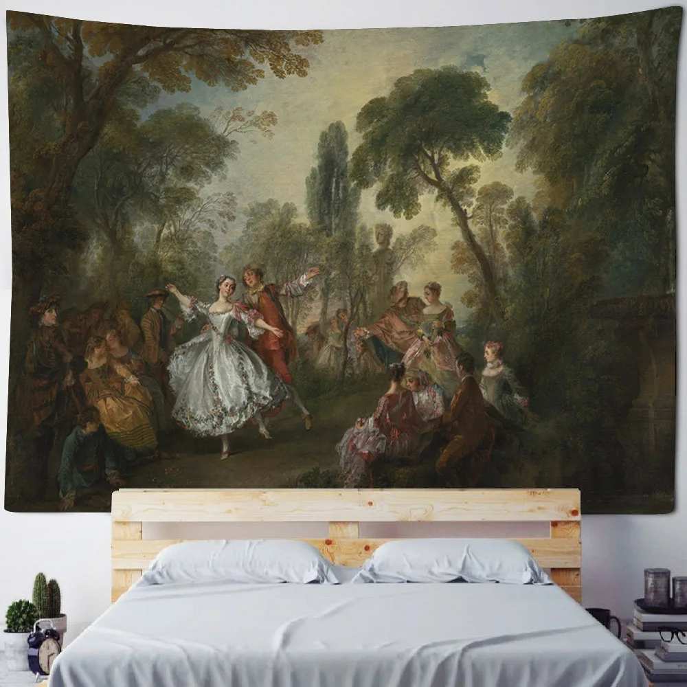 European style landscape oil painting tapestry, home wall hanging fabric, Bohemian, aesthetic, living room, bedroom decoration