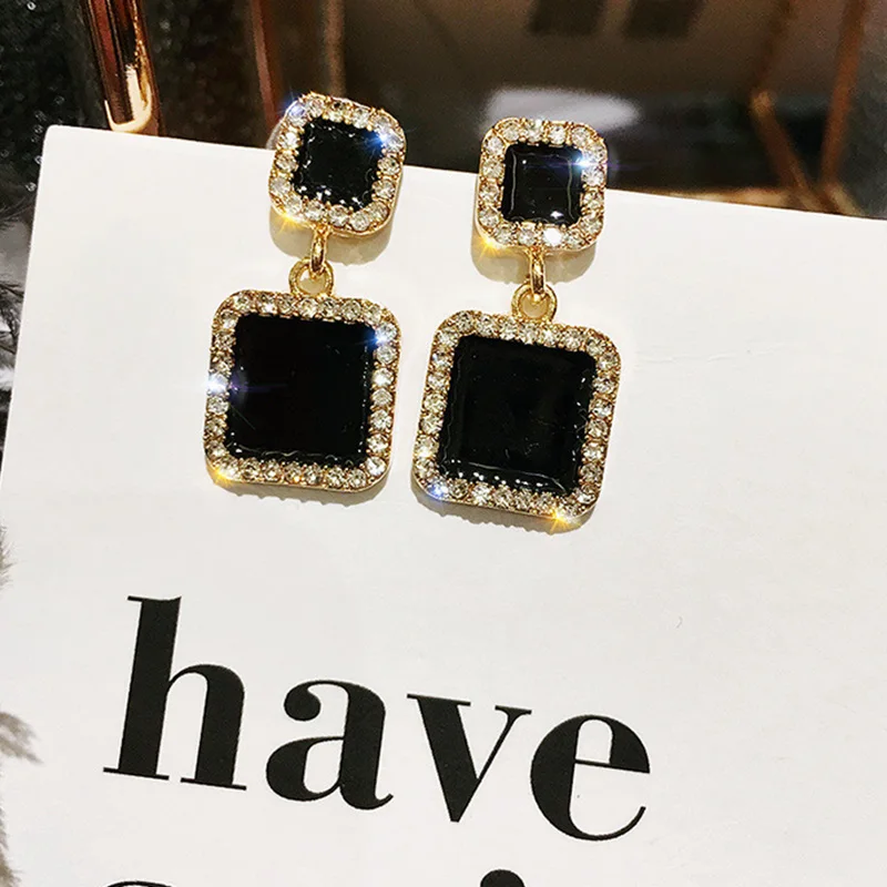 Statement Earrings Black Square Geometric Earrings for Women Luxury Rhinestone Pendent Gold Trending
