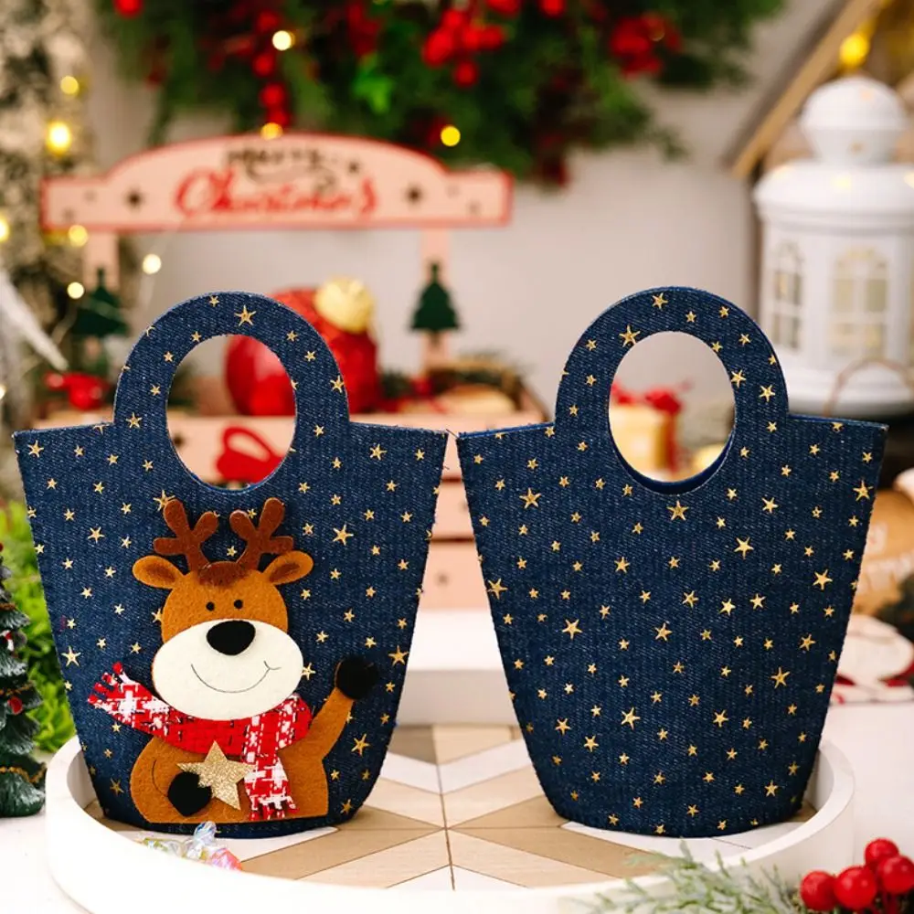 Cartoon Christmas Gift Bag Large Capacity Snowman/Elk Santa Claus Candy Bag Denim Christmas Gift Bucket Party Supplies