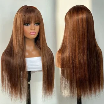 Evidenziare P4/30/27 Parrucche per capelli umani al 100% diritte con frangia Parrucche per capelli umani diritte brasiliane Parrucche complete fatte a macchina