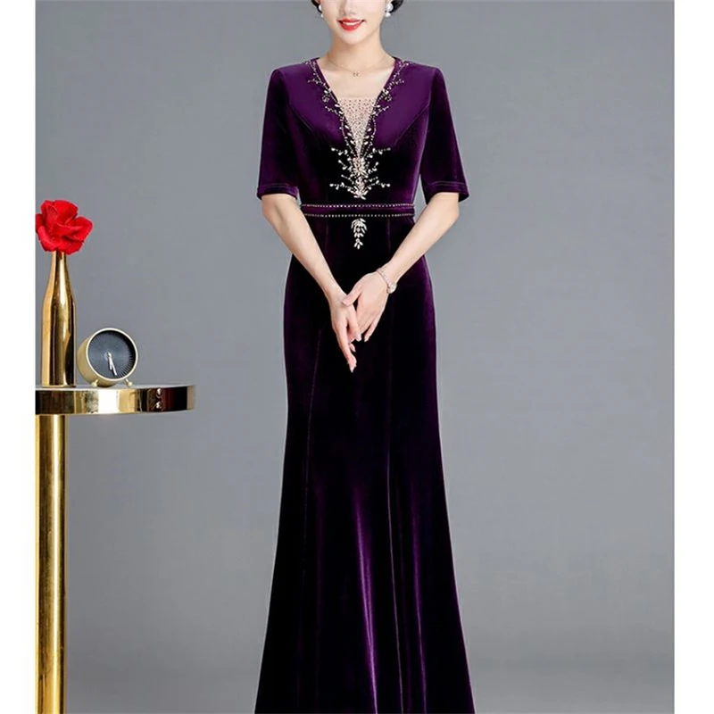 Vintage Diamonds Edding Dress 2025 Spring Attend Wedding Mother Dess Dinner Party Improved Cheongsam Short Sleeve Dresses Lady