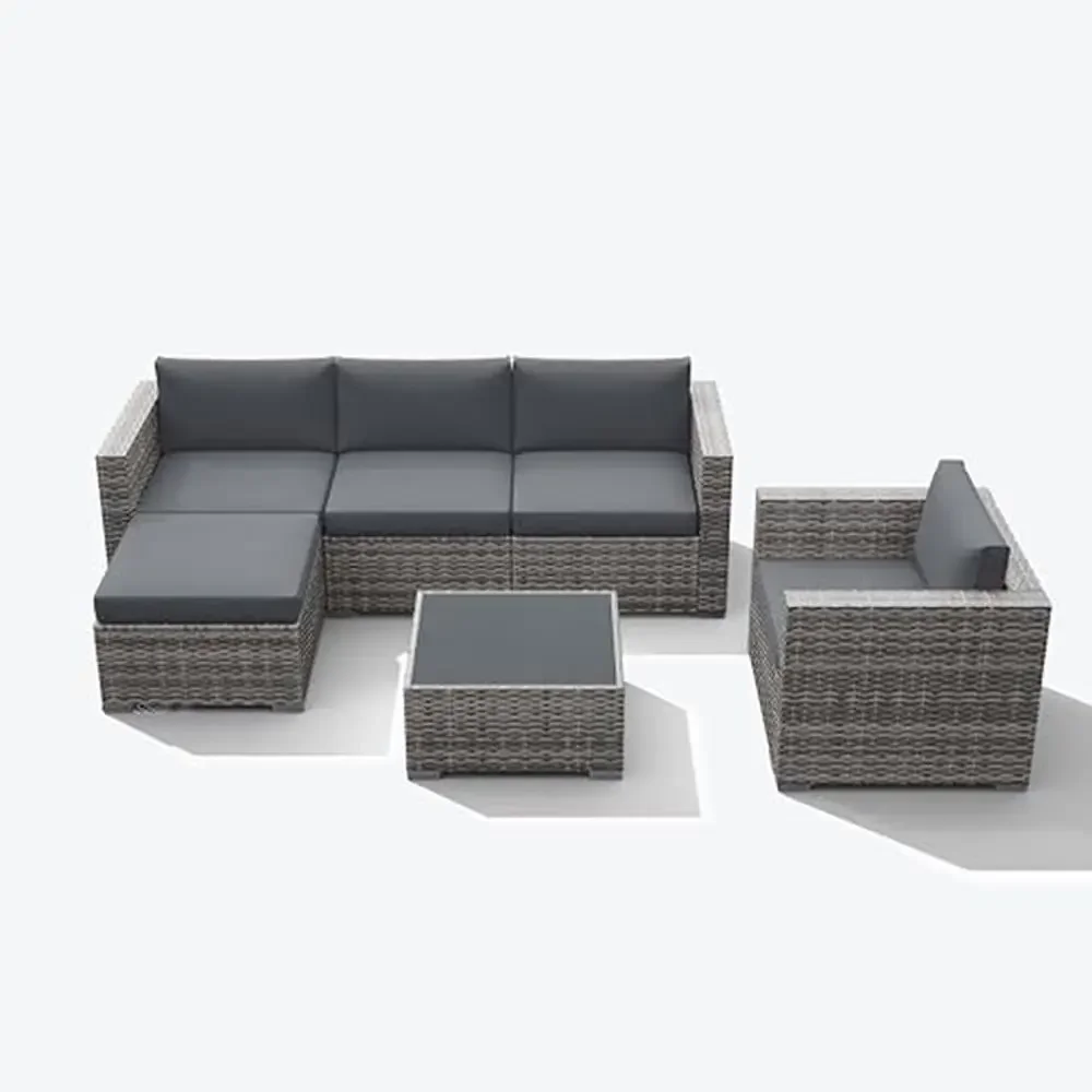 Outdoor Wicker Sectional Sofa Set 6-Piece All-Weather Conversation Furniture Set Grey Rattan Patio Sofas 2