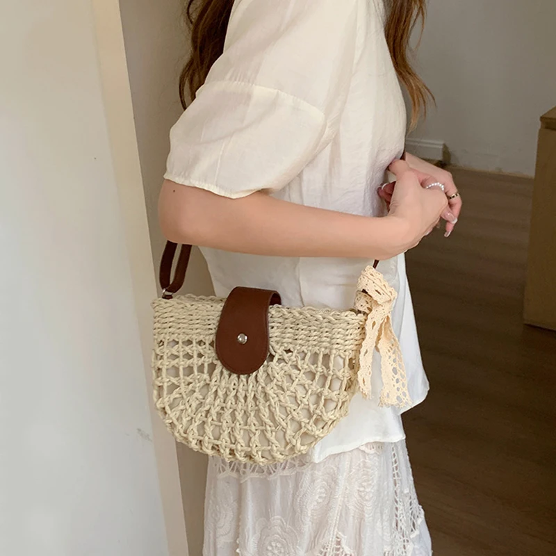 Ladies Semicircle Straw Handbag with Adjustable Strap Casual Hollow Woven Sling Bag for Travel Vacation And Commute