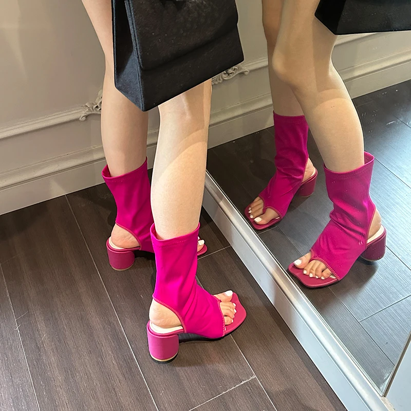 

Black Slingback Shoes Women Low Heeled Sandals Rosered Stretch Fabric Summer Boots Punk Thong High Heels Sandalias De Mujer