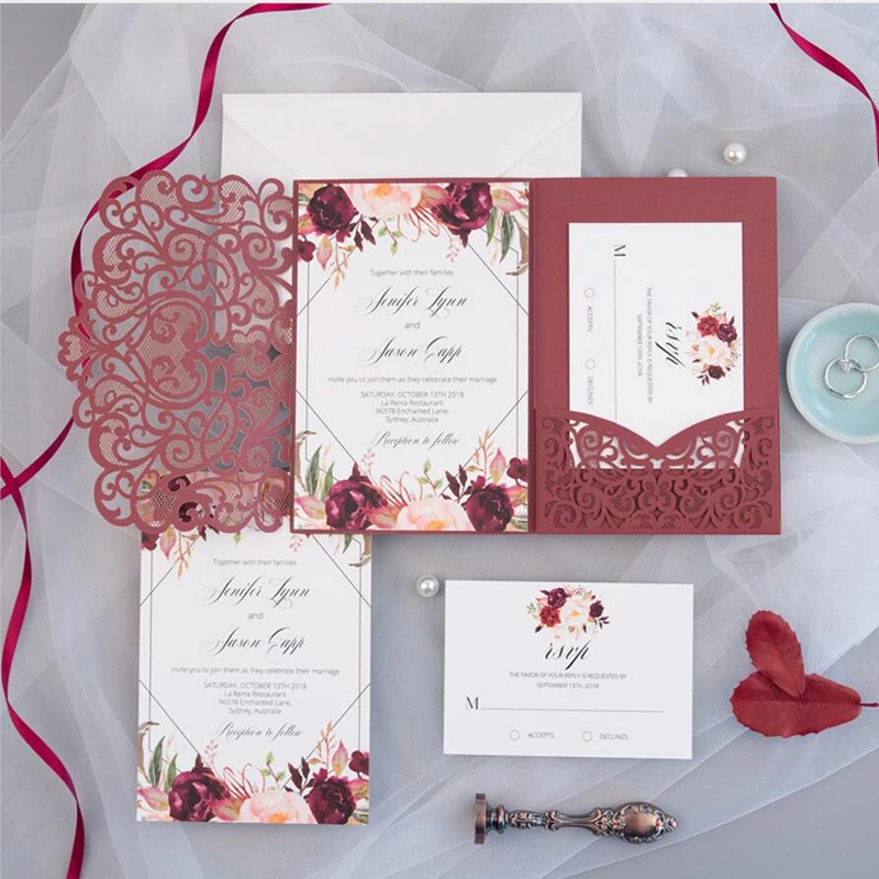 10 pieces Laser Cut Love Heart Wedding Invitation with Thank You Card Personalized Tri-fold Pocket Birthday XV Invitations IC136