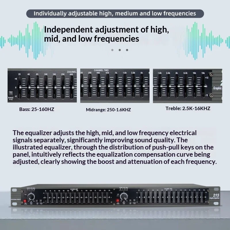 215 프로페셔널 그래픽 이퀄라이저 - ±12dB 부스트/컷 기능이 있는 15밴드 듀얼 채널 EQ, 40Hz 로우컷, 무대 PA 시스템용 LED 미터