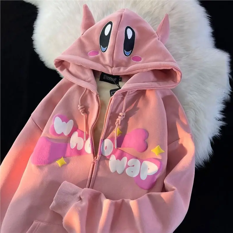 

Spring and Autumn Gothic Y2k Sweet Street Women Devil Embroidery Hoodie Cartoon Sweatshirt Couple Zip Hoodie k pop clothes