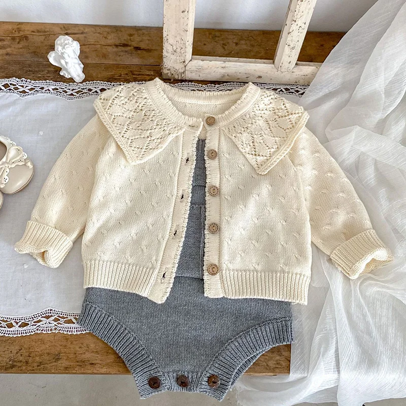  여아 긴 소매 솔리드 컬러 할로우 아웃 니트 의류 세트 및 롬퍼, 0-3 세 가을 어린이 세트