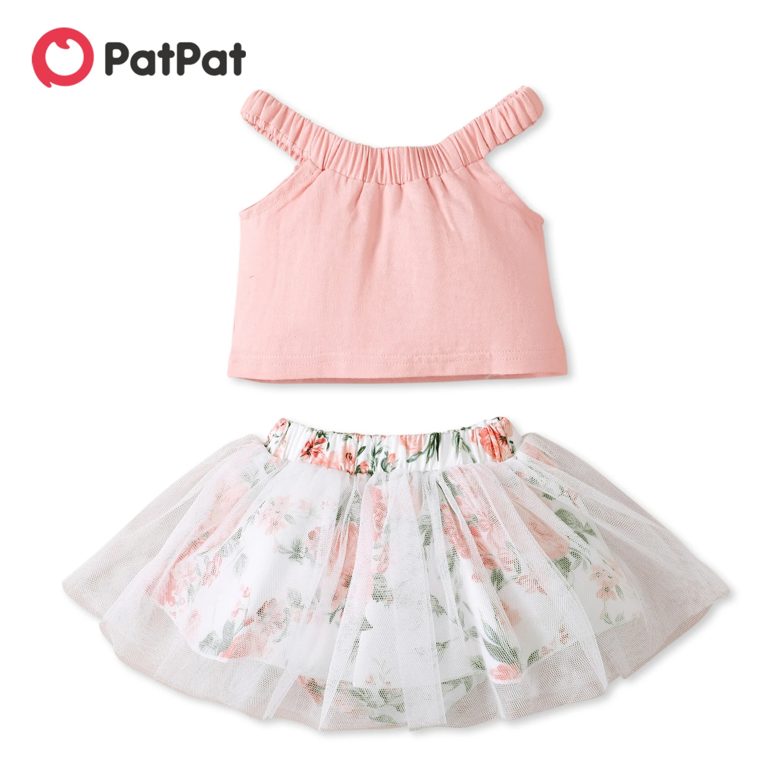 PatPat 2pcs Baby Girl Cotton Sleeveless Halter Neck Top and Floral Print Mesh Skirted Shorts Set baby's complete set of clothing