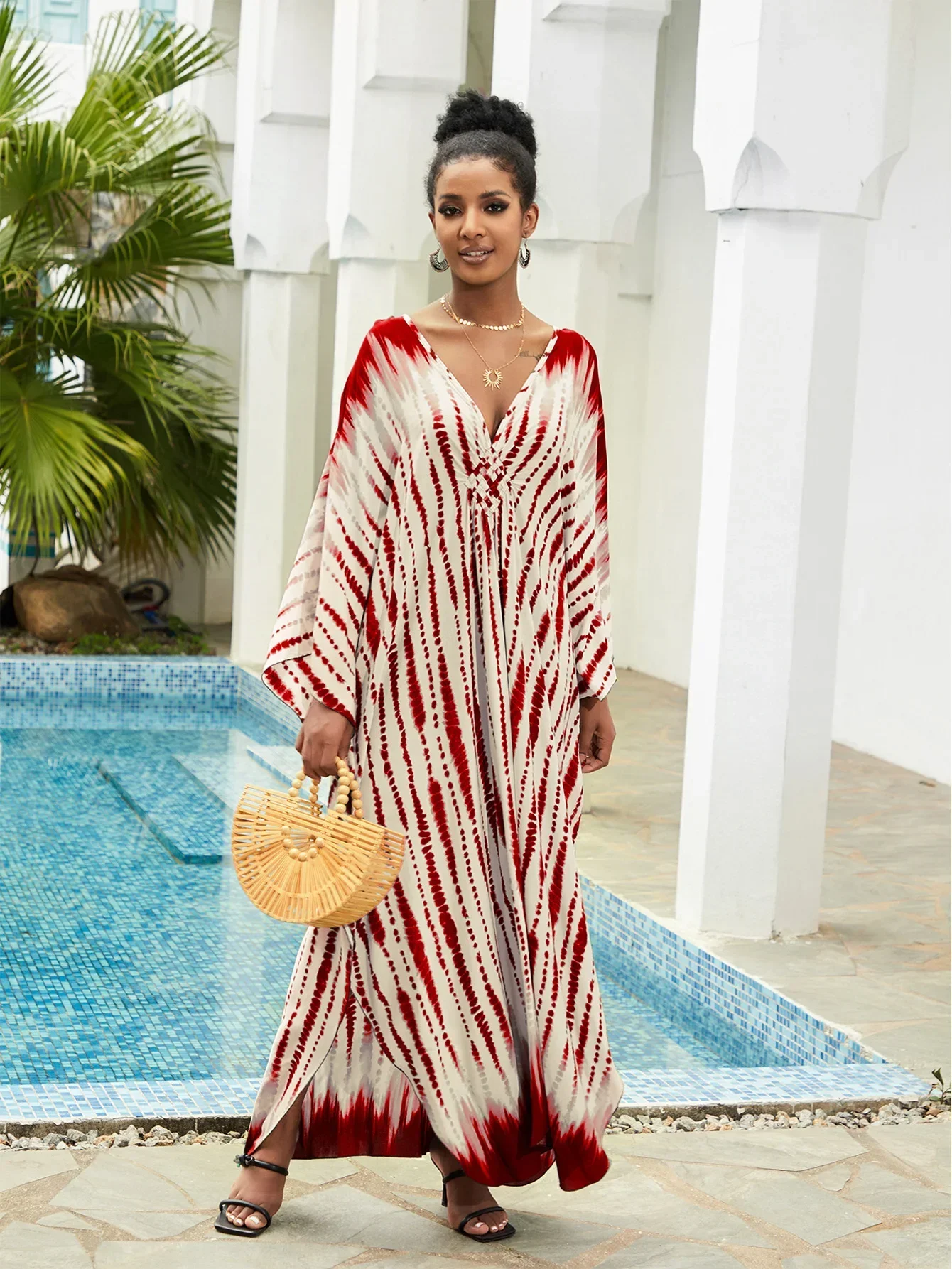 

2024 Sexy V Neck Side Split Casual Fashion Printed Loose Kimino Dress Summer Women Clothing Beachwear Boho Maxi Dresses Q1523