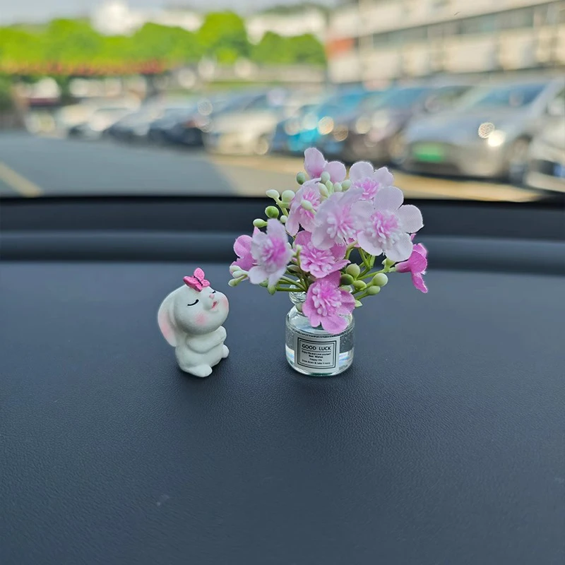 Charming Rose Flower Vase and Rabbit Car Decoration Ornaments