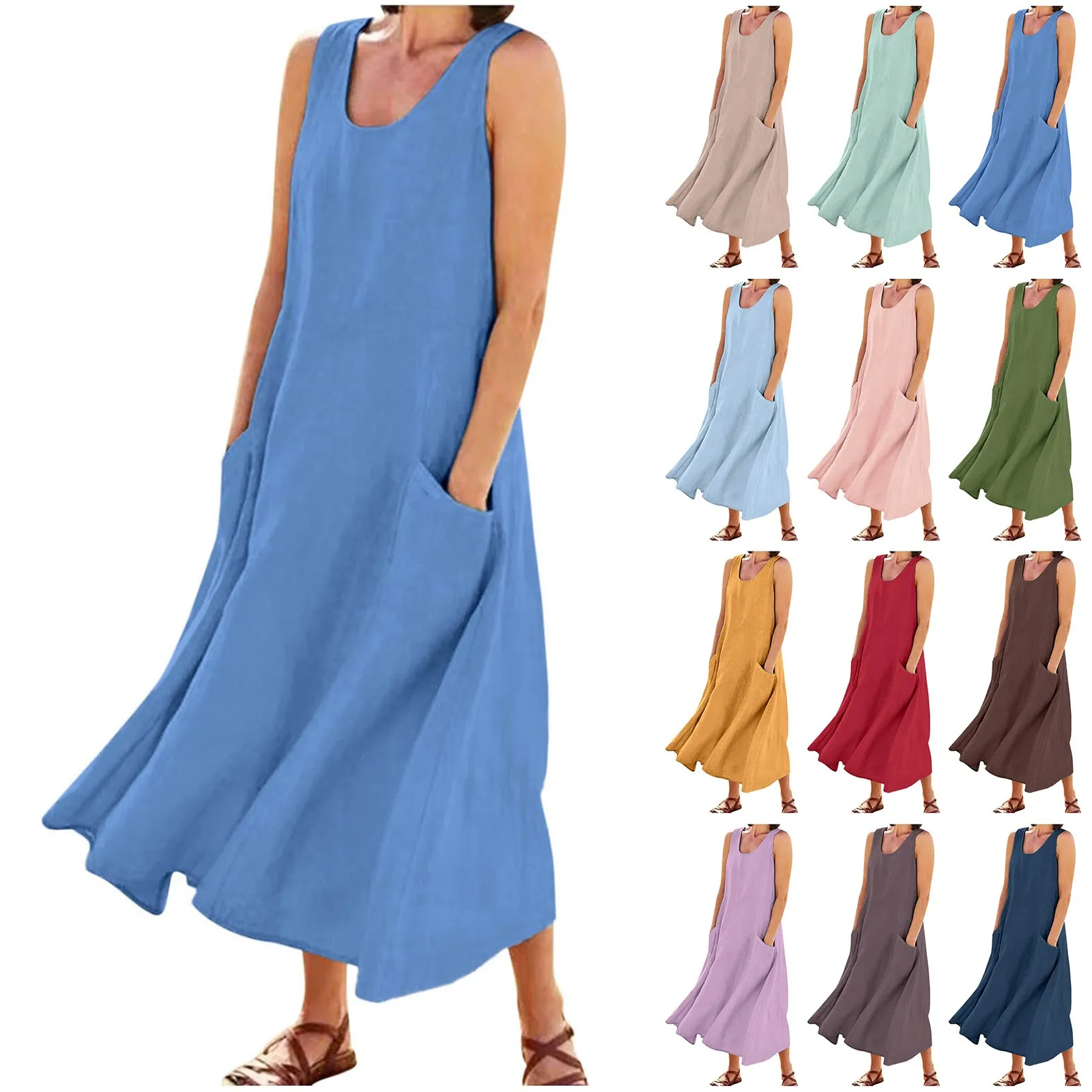 

Summer Cotton Linen Women Dress No Sleeve Round Neck A- shaped Skirt Artistic Retro Style Long Dress Comfortable Casual Style