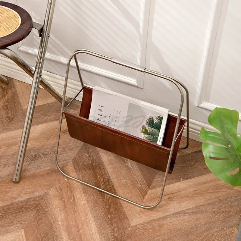 Simple Stainless Steel Leather Book and Newspaper Storage Rack Household Storage Rack Newspaper and Magazine