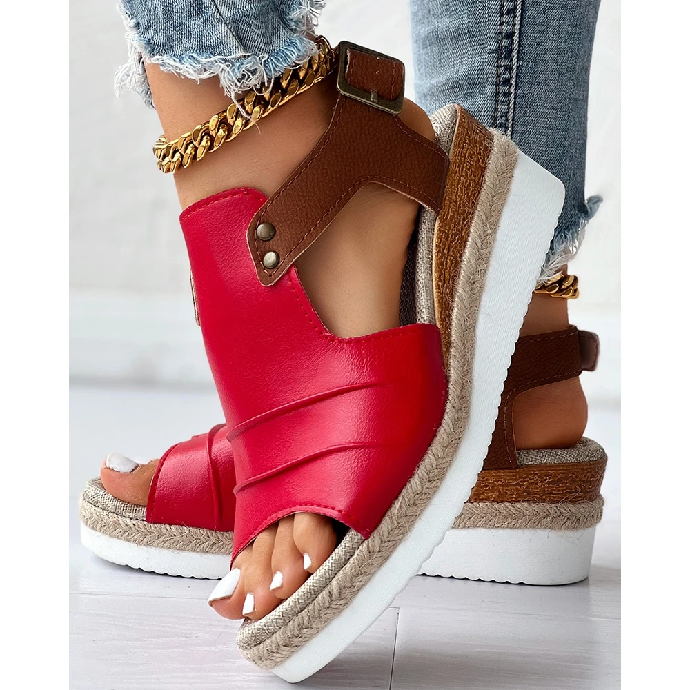 

Fashion Women Colorblock Studded Peep Toe Wedges Sandals Lady Summer Casual Buckle Strap Going Out Flats Party Shoes Sandals