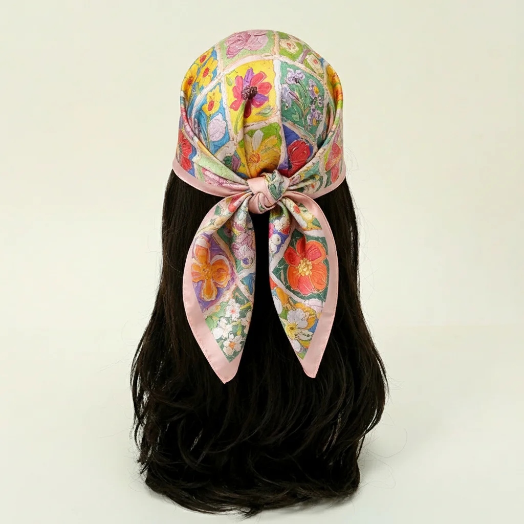 Neues Designer-Bandana aus Seide, quadratischer Schal für Damen, Satin-Tuch, Hijab, Haarband, luxuriöses Kopftuch, 70*70cm, Echarpe – Detail 1