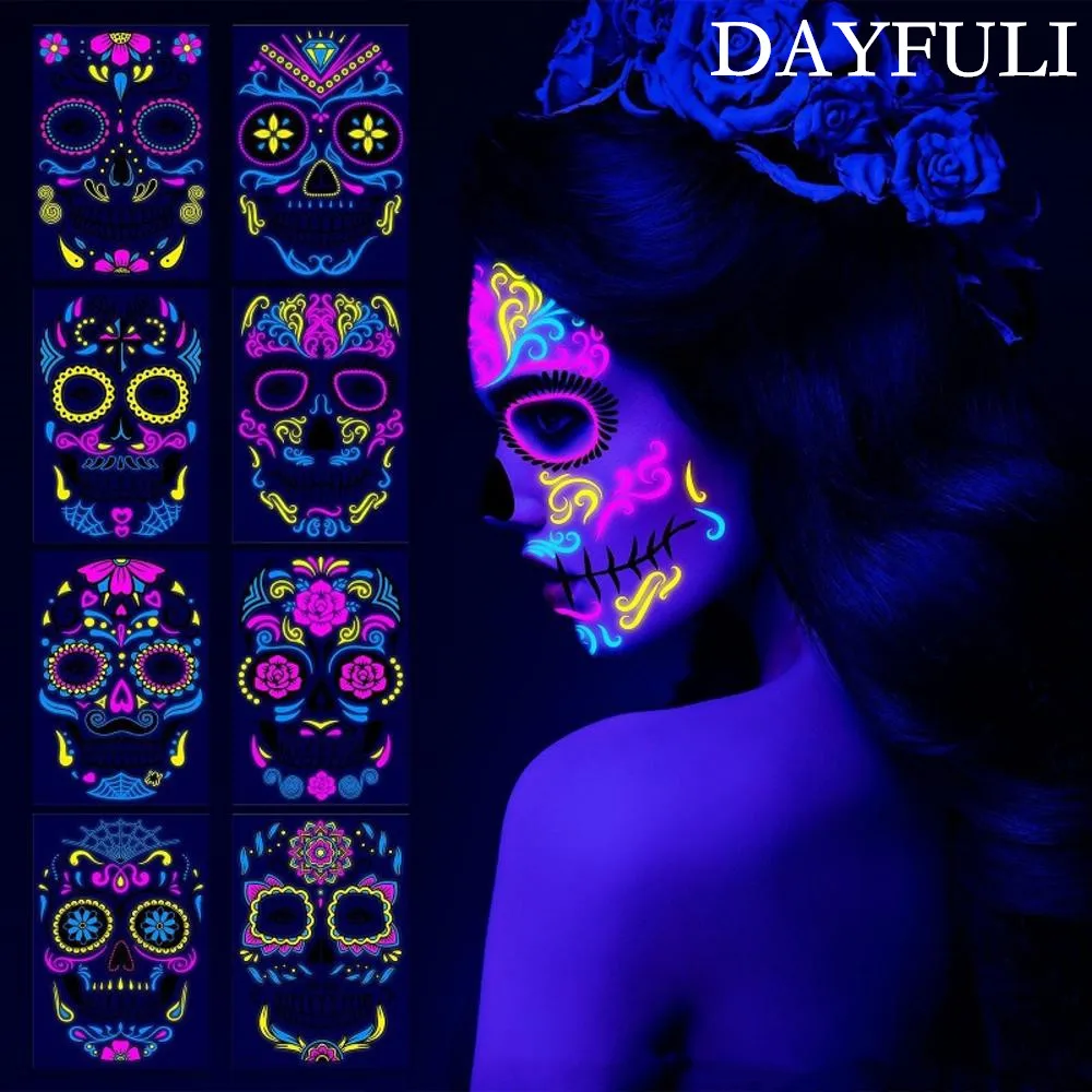 

Fluorescent Sticker Death Skeleton Print Face Temporary Tattoos Waterproof Body Makeup Tattoo Stickers For 2023 Halloween Party