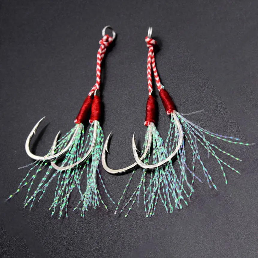 

10pcs Double Assist Hooks Slow Jigging Fishing Cast Jig Lure Hook High Carbon Steel Barbed Big Game Saltwater with Feather