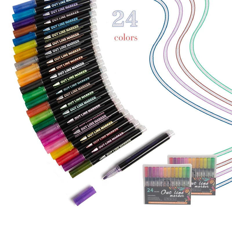 Aen Art Outline Pens, 24 Color Self-outline Shimmer Markers Set, Doodle  Markers Double Line Pen for Drawing, Greeting Card, Craft Project, Journal