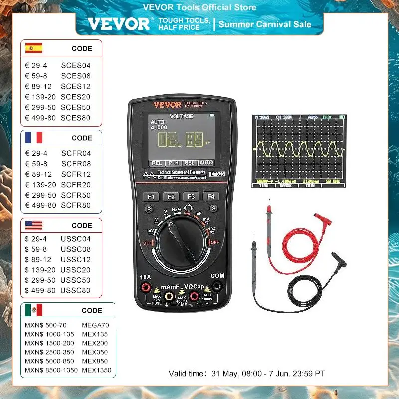 

VEVOR 2-in-1 Handheld Digital Oscilloscope 2.5MS/S 1MHZ Portable Oscilloscope Multimeter for Automotive Repair Circuit Testing