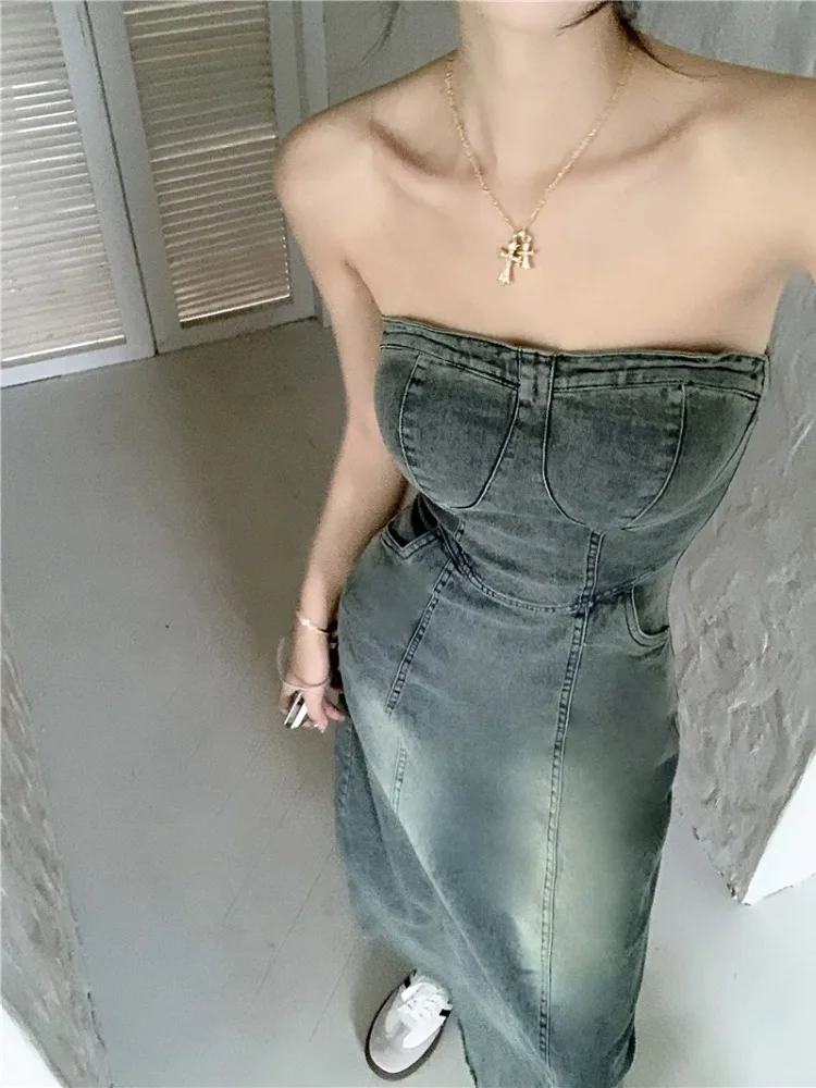 

Винтажное элегантное платье-миди, женское джинсовое платье без бретелек в Корейском стиле, ТРАПЕЦИЕВИДНОЕ привлекательное уличное дизайнерское платье