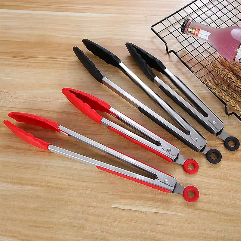 9/12Inch Silicone Food Tongs Nonslip Cooking Clip Salad Serving Kitchen Tong Stainless Steel Grill Tongs Heat Resistant BBQ Tool