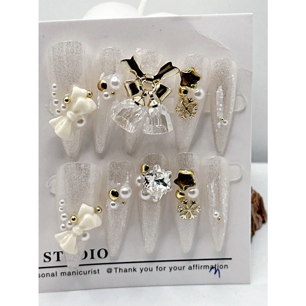 BowFakeNailsSnowflakePearlsHandmadeWearableNailsChristmasNail