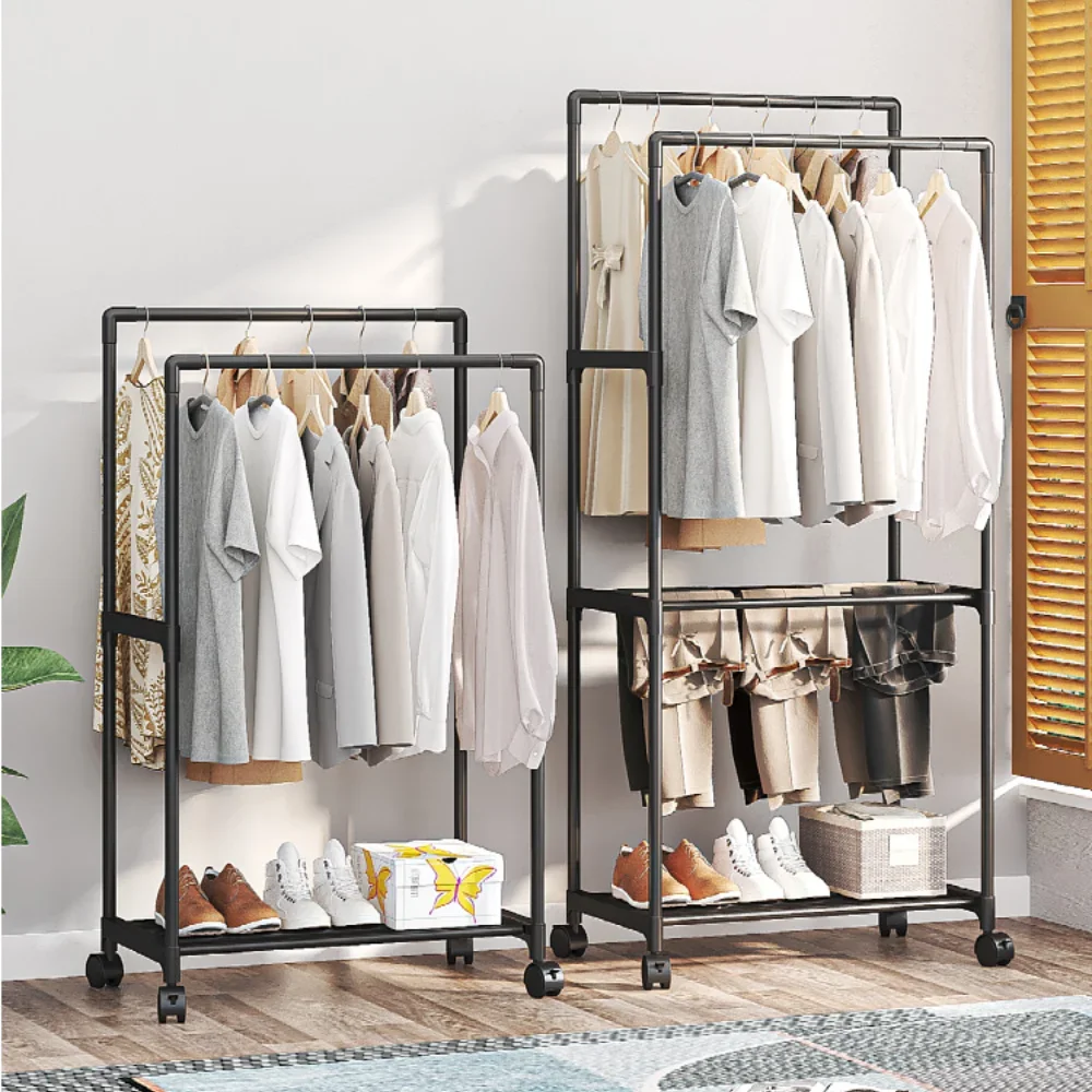 Double Pole Coat Rack Movable Clothes Storage Racks Multi Functional Clothing Hanger Shelves with Wheels Bedroom Stand Wardrobe clothes rack