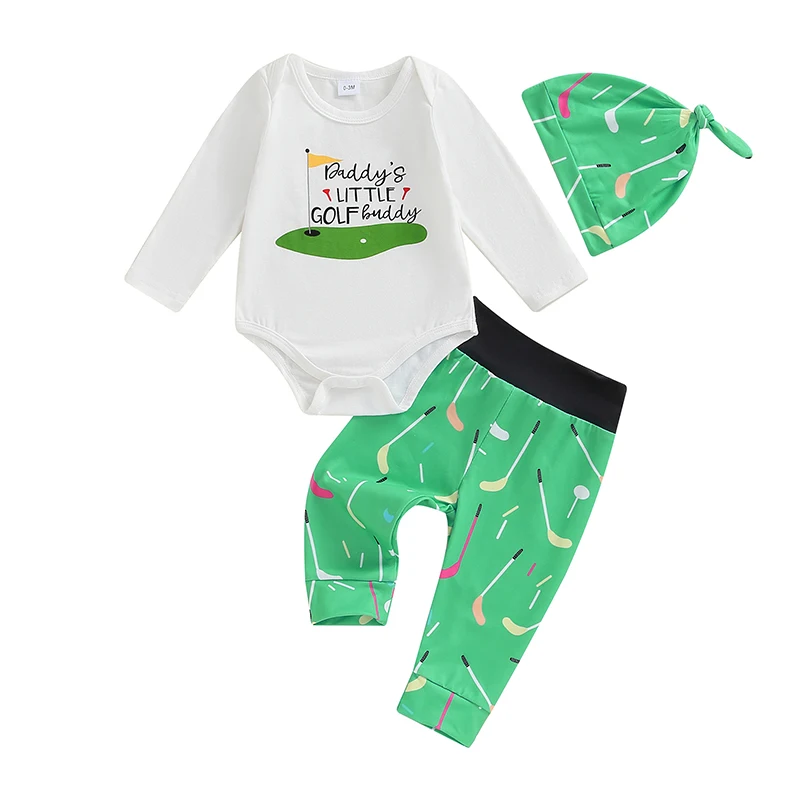 

Baby Boy Fall Outfit Letter Print Long Sleeve Rompers and Golf Print Elastic Pants Beanie Hat Set Spring 3 Piece Clothes