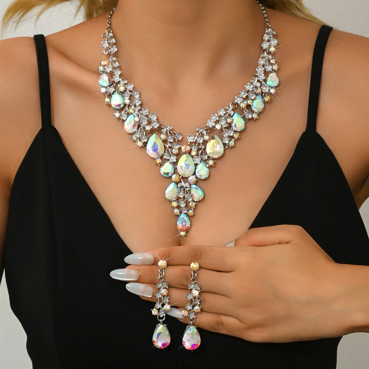 2PS Übertriebener Wassertropfen-Legierungsschmuck Damen Halskette Ohrringe Zweiteiliges Set Braut Hochzeit Party Schmuck Muttertag Geschenk – Detail 21