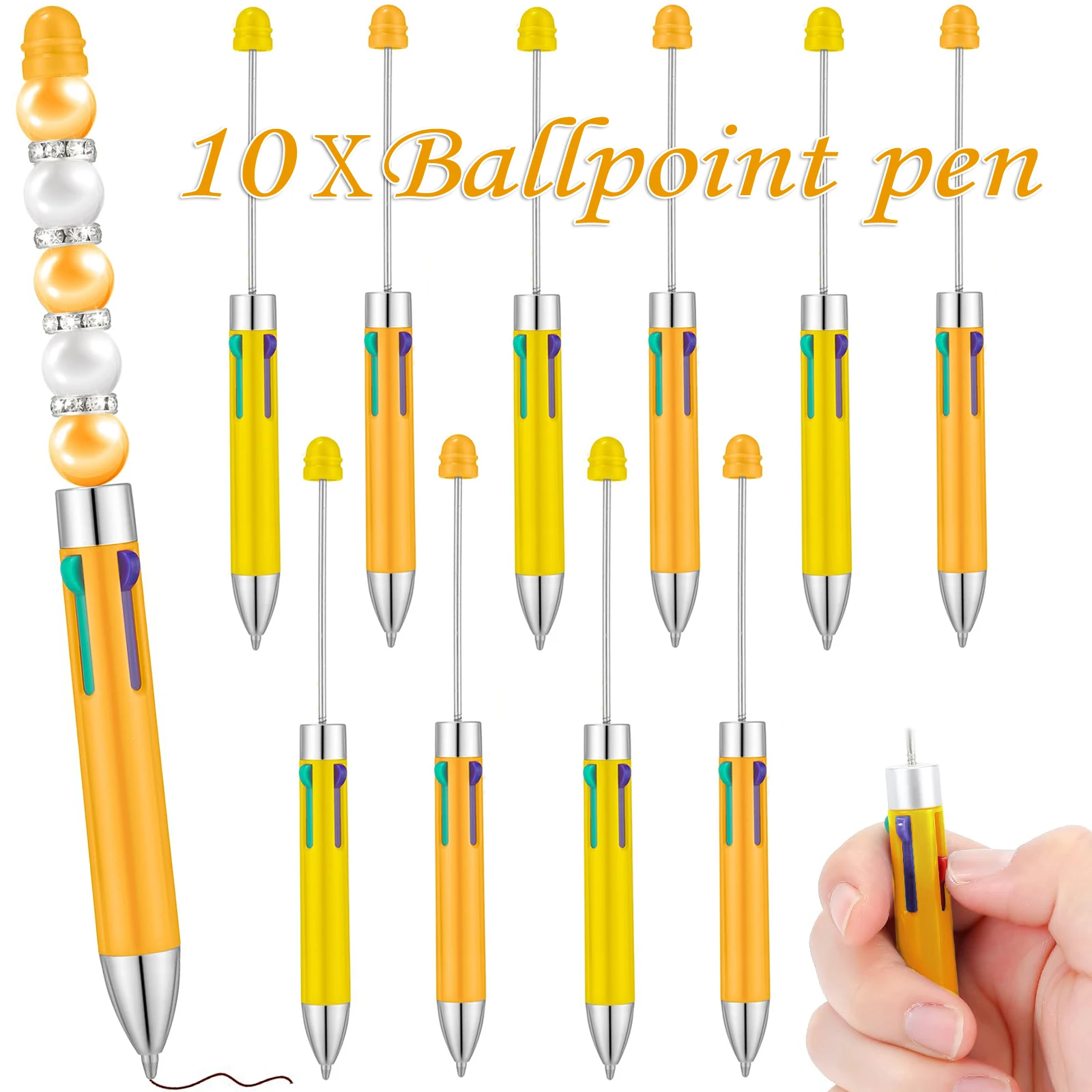 

10Pcs Macaron yellow Business Four Color Refills Beaded Pen DIY Creative Cute Beadable Ball Pen Wholesale Gift Pen