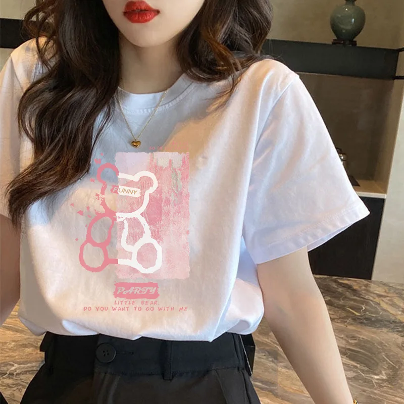 

Cotton teddy bear short sleeved T-shirt for women's summer new original style design sense, niche white half sleeved T-shirt