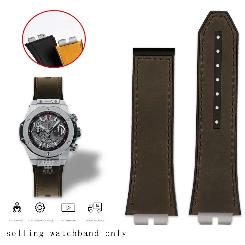 thumbnail image 1 of Correa de reloj de caucho fluorado de piel de vaca de liberación rápida para Hublot Big Bang 411 411 correa de 27 m Pulsera de reloj Junta de acero inoxidable, 1 of 5