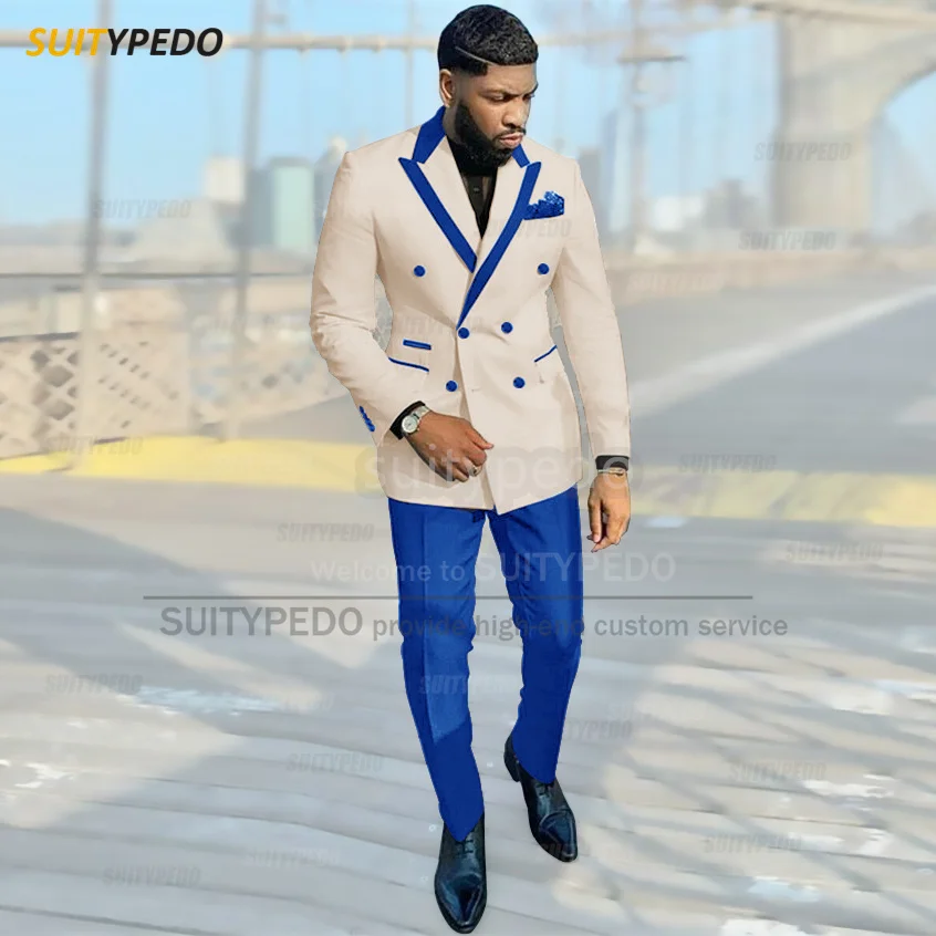 Men Beige Suit Sets 2-piece Set Blazer Pants Tuxedo Formal Business Outfits