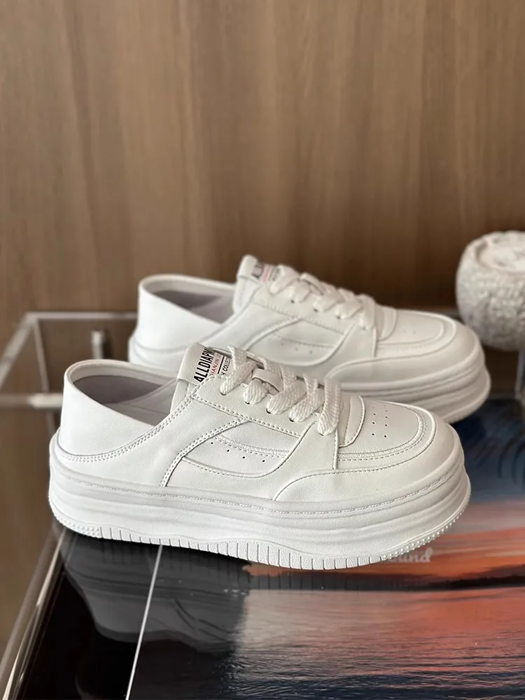 

Women Genuine Leather Flats Platform Sneakers Round Toe Lace Up Ladies Fashion Casual Shoes 2023New Designer Brand White Shoes