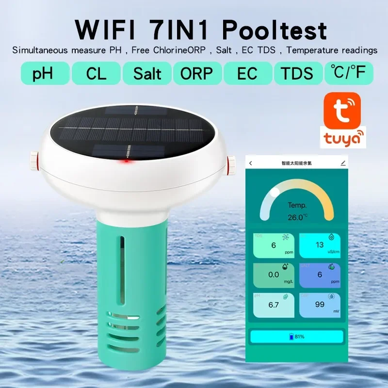 

10PCS Solar Powered Swimming Pool Residual Chlorine Detection PH Salinity ORP Residual Chlorine CL Acid-base Water Quality Detec