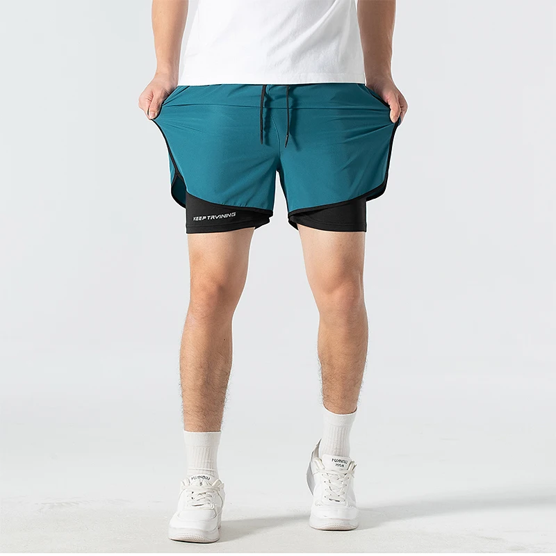 Summer New Unisex Sports Running Shorts Spanelled Pockets Elastic Waist Drawstring American Quick Drying Fake Two Pieces Shorts