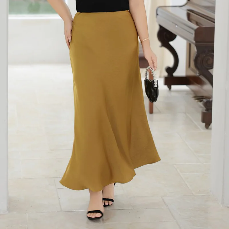 Lustrous Elegant Plus Size Women's Skirt French Style Premium Faux Acetate Satin Mermaid Hem High Waist Midi Skirt With Glossy
