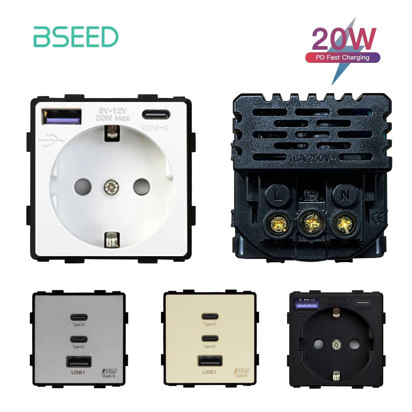 PD Fast Charge USB Socket Type-c 20W Module Part Phone Charge EU Standard Wall Socket DIY Function Key Without Frame