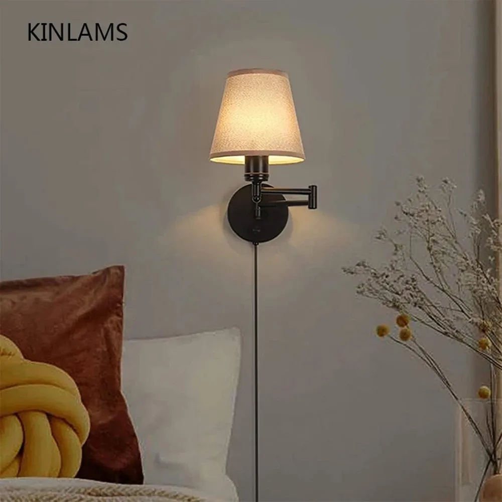 LED American Wall Lamp Folding Swing Arm US EU Plug Switch Fabric Bedroom Bedside Living Room Study Stairway Aisle Plug Light