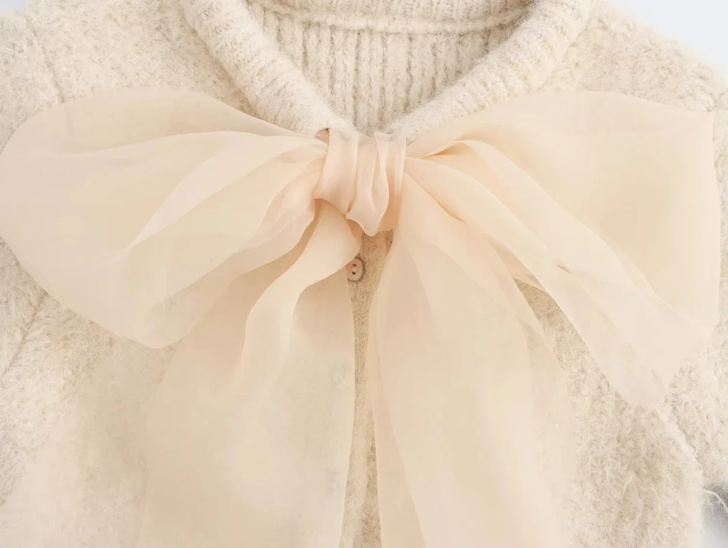 Mohair Knitted Short Sleeve Cardigan Women Lace Bow Single Breasted O-neck Slim Sweater Autumn Winter Fashion Lady Knitwear