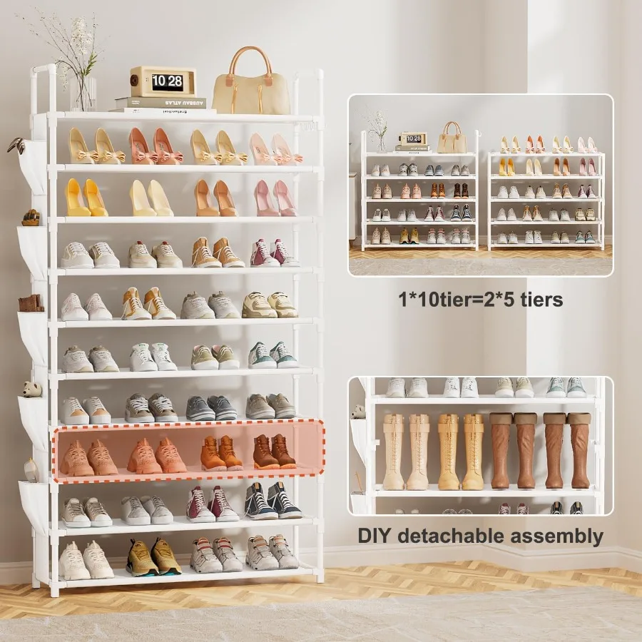 Tall Shoe Rack 10 Tier Shoe Racks Organizer for Closet 4045PairsLarge Capacity Storage Rack for Shoes with 5Hooks Sturdy Metal