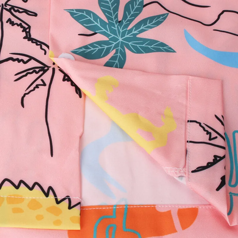 Fashion summer Hawaiian Shirt Mens Funny Style Dinosaur Cartoon Printed Short Sleeve Pink Shirts Men Korean Clothes