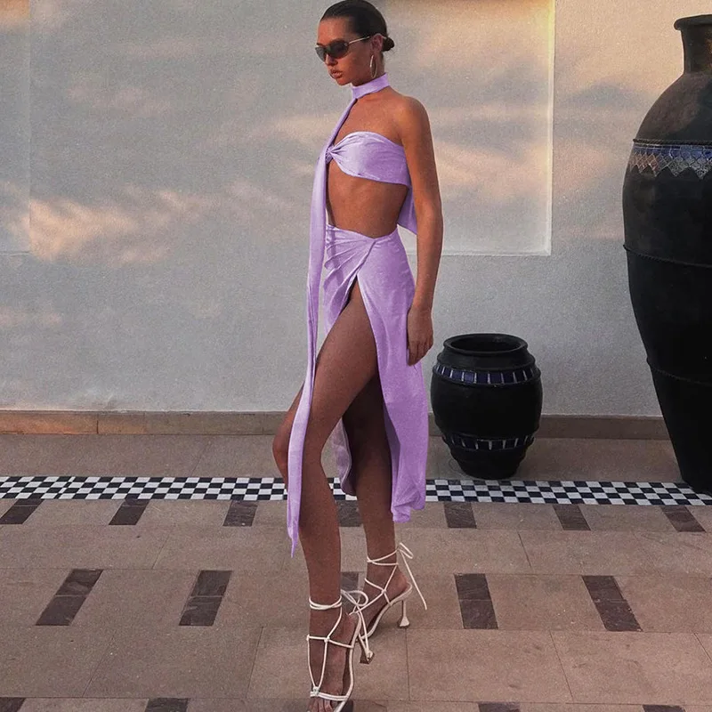 

2 шт. Сексуальный Топ без рукавов и юбка с галстуком для женщин, элегантные наряды, длинная юбка с высоким разрезом, укороченный топ с бюстгальтером, костюмы на шнуровке с воротником,