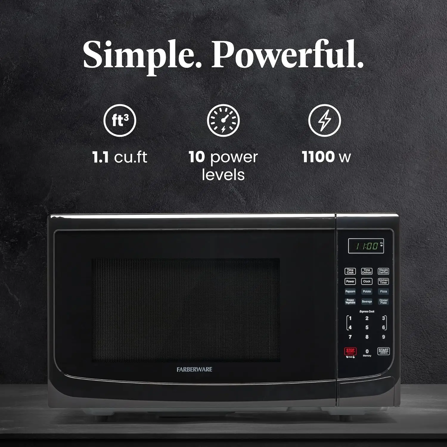 NEW Compact Countertop Microwave Oven 1.1 Cu. Ft. 1100-Watt with LED Lighting, Child Lock, Easy Clean Grey Interior, Black 2