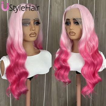 Ombre Pink Lace Front Wig Synthetic Long Body Wave Wig for Women 13x4 Glueless Daily Wear Cospaly Wigs Heat Resistant Fiber Hair