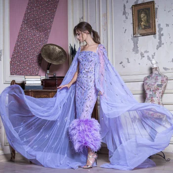 Dubai Luxury Feathers Lilac Evening Dress with Cape Sleeves Ankle Length Midi Arabic Women Wedding Party Gowns SCZ025 8