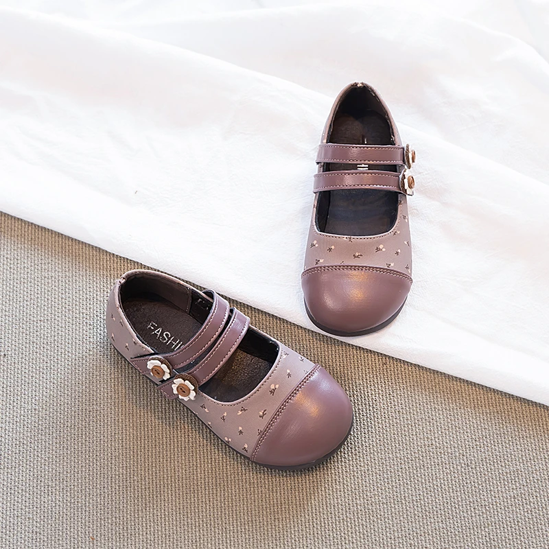 Leather Girls Ballet Flats with Floral Print Soft Sole