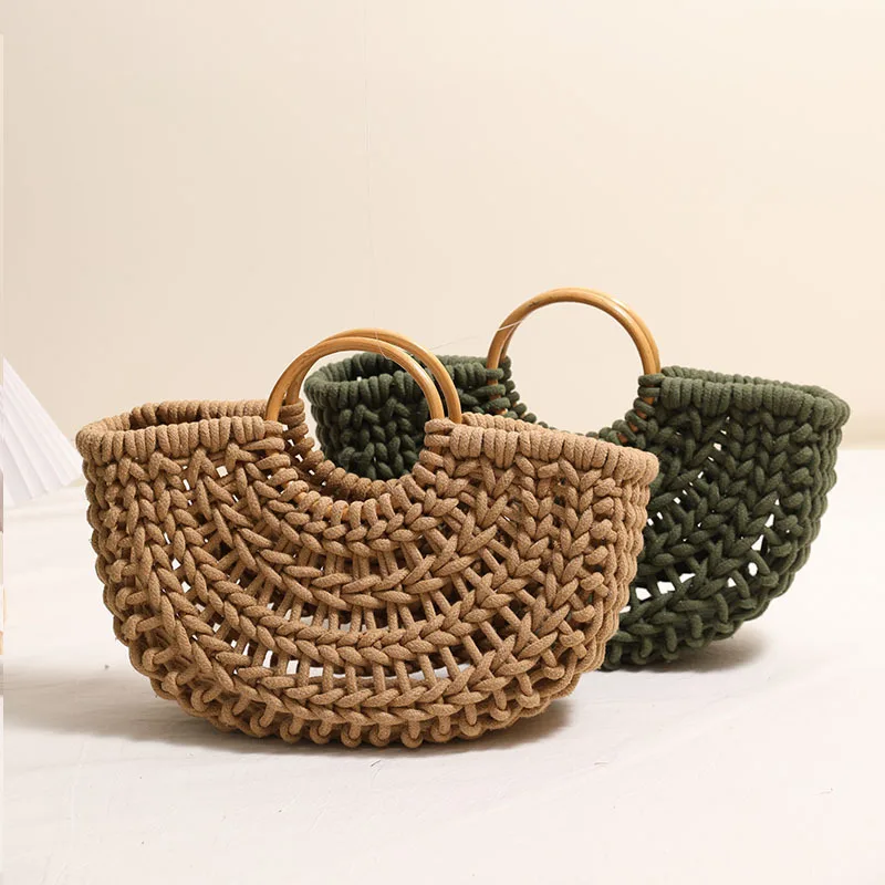 Cotton thread rope wood Bag Women Hand-Woven Handbag Moon Shape Rattan Bag Drawstring Casual Beach Shoulder Crossbody Bag